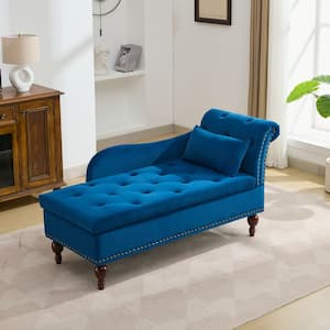 Modern Button Tufted Rivets Velvet Upholstered Storage Chaise Lounge Chair with Solid Wood Legs and Lumbar Pillow,Navy