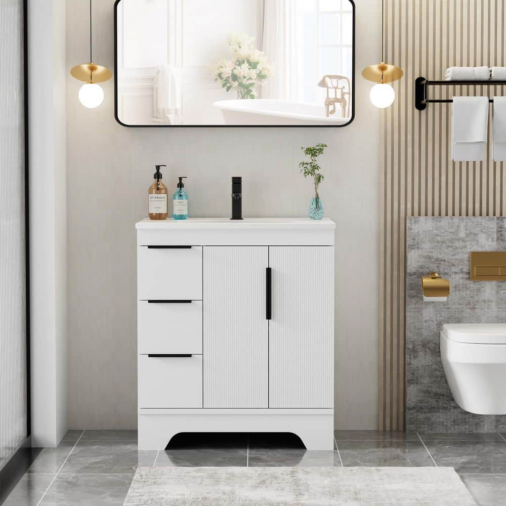 30 in. W. x 18 in. D x 33.5 in. H Single Sink Freestanding White Bath Vanity with White Integrated Composite Resin Top price history on PriceWatchPro