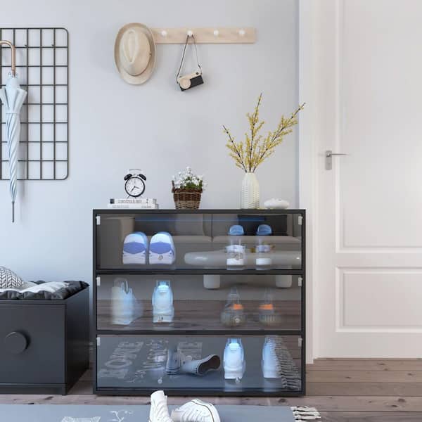 31.3 in. H x 14.76 in. W Black 12-Color LED Shoe Storage Cabinet with Glass Doors & Dust Protection