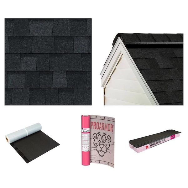 Oakridge Onyx Black Shingles, ProEdge Hip and Ridge Shingles, WeatherLock G, ProArmor, Starter Strip Combo