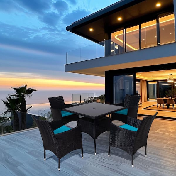 Unbranded 5-Piece Black PE Rattan Wicker Patio Outdoor Dining Set with Lake Blue Cushions