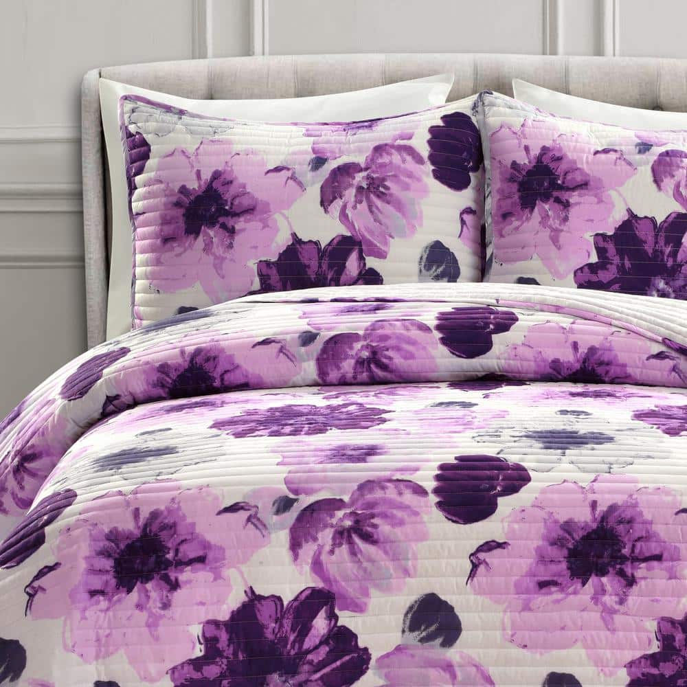Full Gray and Purple Reversible Microfiber Floral Quilt Set