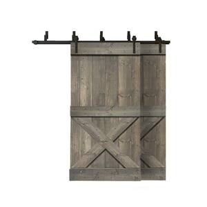 76 in. x 84 in. Mini X Bar Bypass Weather Gray Stained Solid Wood Interior Double Sliding Barn Door with Hardware Kit