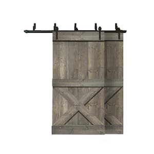 84 in. x 84 in. Mini X Bar Bypass Weather Gray Stained Solid Wood Interior Double Sliding Barn Door with Hardware Kit