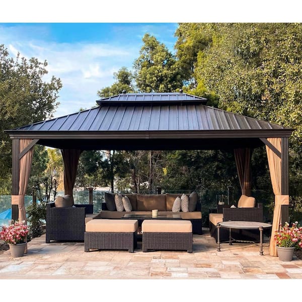 PURPLE LEAF 12 ft. x 16 ft. Bronze Aluminum Hardtop Gazebo Canopy for Patio Deck Backyard Heavy-Duty with Netting and Curtains