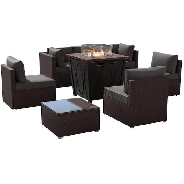 Tenleaf 8-Piece Brown Wicker Patio Conversation Set with Gray Cushions, 28 in. Propane Fire Table, Lid, Glass Wind Guard