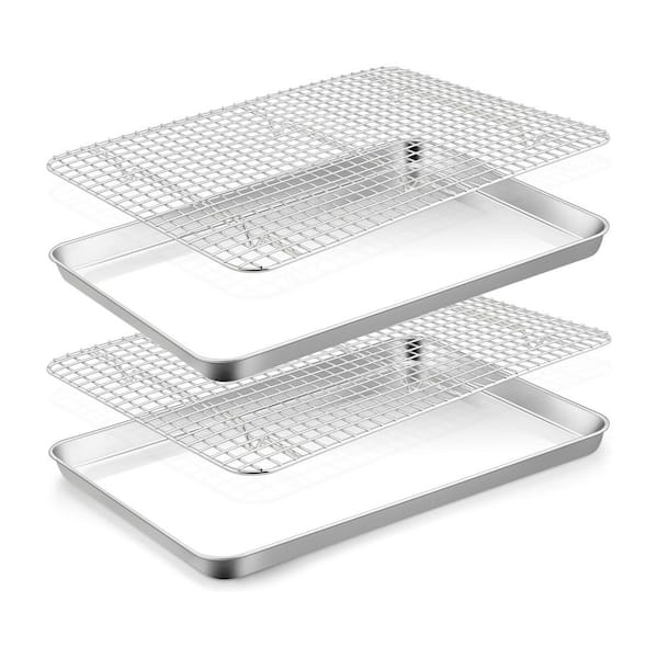 4-Piece Stainless Steel Non-Toxic Heavy Duty Baking Sheet Set with Solid Grid Racks for Oven Dishwasher Safe