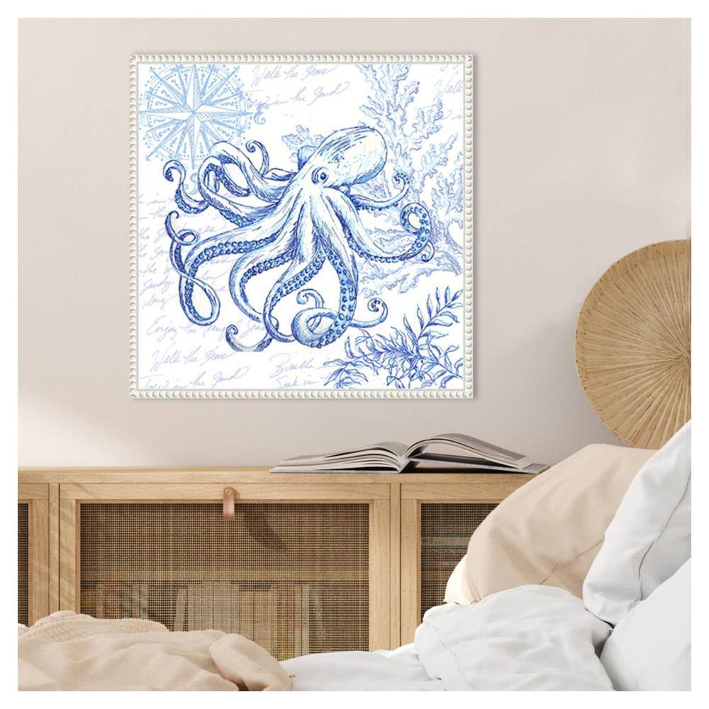 Blue Coastal Octopus Sketch Framed Canvas Wall Art
