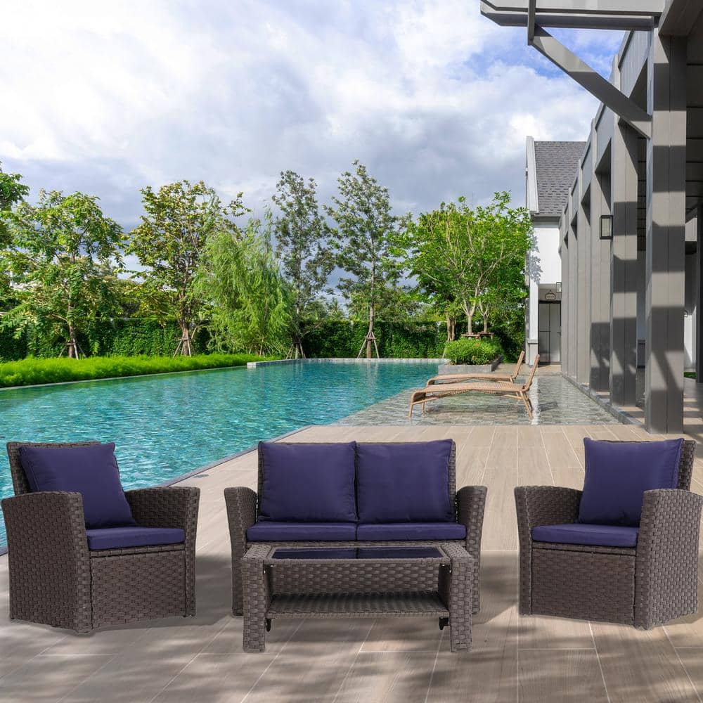 4-Piece Wicker Patio Conversation Set Rattan Seating Set with Loveseat Sofa
