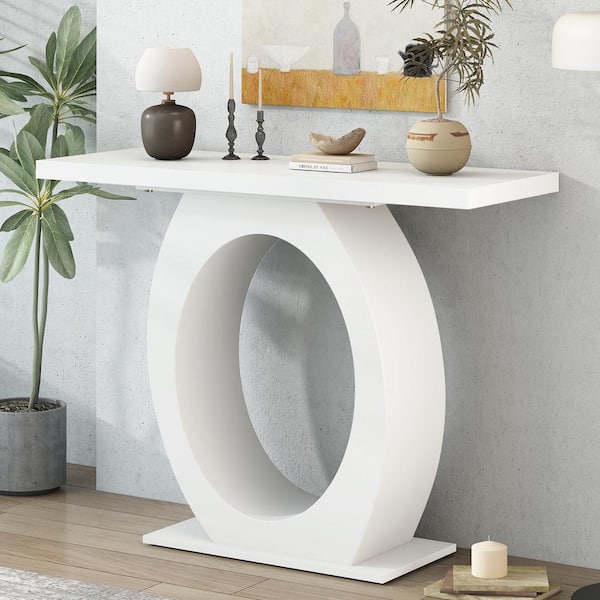 CHRISTOPHER KNIGHT HOME Minimalist 39.4 in. Beige Rectangle Acacia Veneer and MDF Console Table with Egg-shaped Base