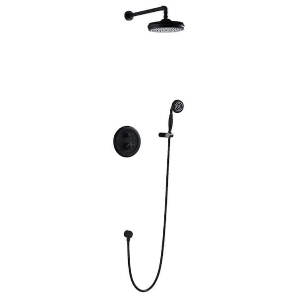 AIMADI Double-Handle 1-Spray Wall Mount Shower Faucet 1.8 GPM with Ceramic Disc Valves 8 in. Shower System in Matte Black