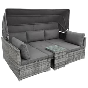 Gray 5-Pieces Outdoor Furniture Rattan Wicker Sectional Patio Daybed Sofa Set with Canopy and Thick Cushions