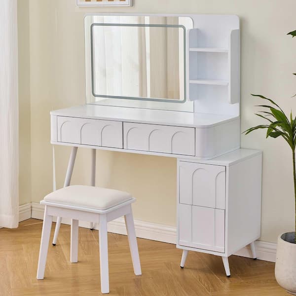 2-Piece White Makeup Vanity Set with Mirror, 4 Drawer, Stool, LED Lights and 3 Colors Dimmable Brightness