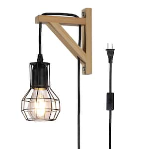 Industrial 3.5 in. Black 1-Light Plug in Wood Base Cage Wall Lamp Rustic Adjustable Height Pulley Wall Sconces, E26 Base