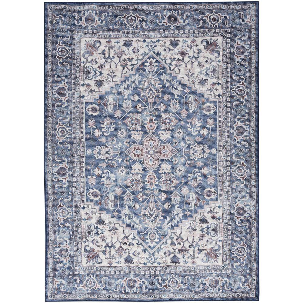 Navy Ivory Floral 6' x 9' Cotton Chenille Area Rug