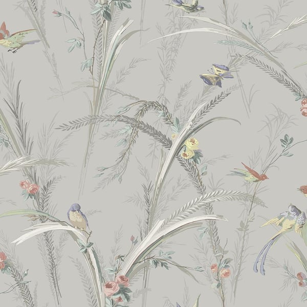 Chesapeake Meadowlark Grey Botanical Grey Wallpaper Sample
