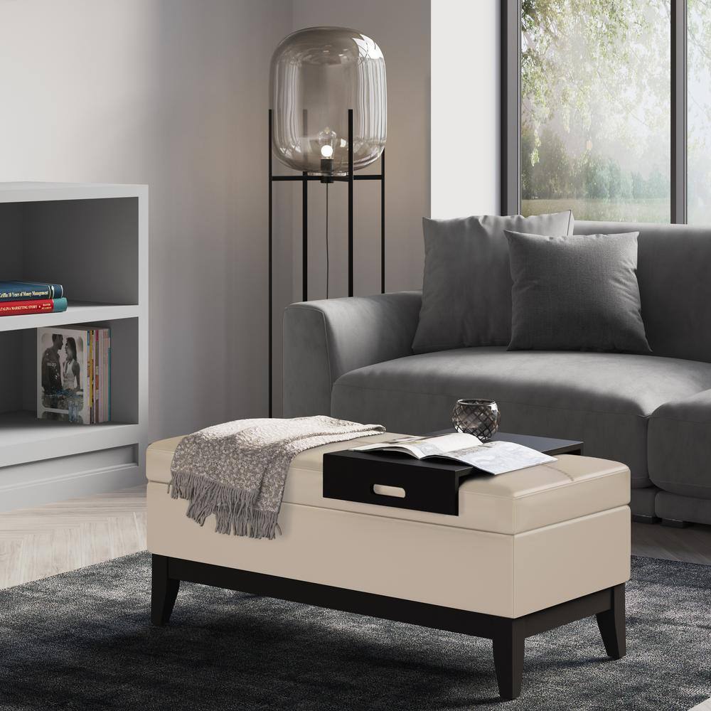 Satin Cream Tufted Faux Leather Footstool with Wooden Tray