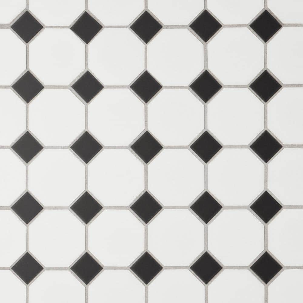 Le Cafe 2" x 2" Octagon Matte Porcelain Mosaic Tile in White and Black