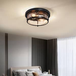 Lumin 11.8 in. 2-Light Matte Black Smart Flush Mount with Drum Clear Bubble/Seeded Glass Shade