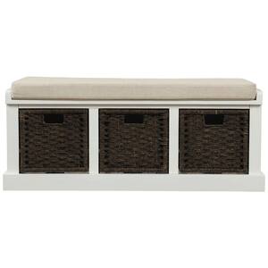 Theresa White Storage Bench with 3 Removable Cushion and Classic Rattan Basket (43.7"L x 15.7"W x 17"H)