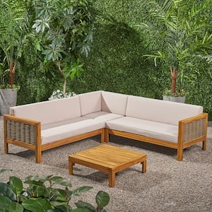 Linwood Teak Brown 4-Piece Wood and Plastic Patio Conversation Sectional Seating Set with Beige Cushions