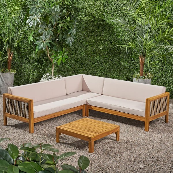 Noble House Linwood Teak Brown 4-Piece Wood and Plastic Patio Conversation Sectional Seating Set with Beige Cushions