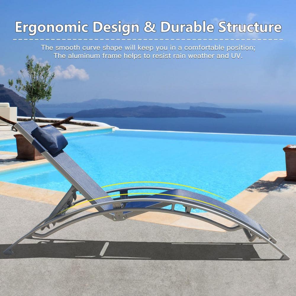 Navy Blue Aluminum Adjustable Outdoor Chaise Lounge Set with Cushions