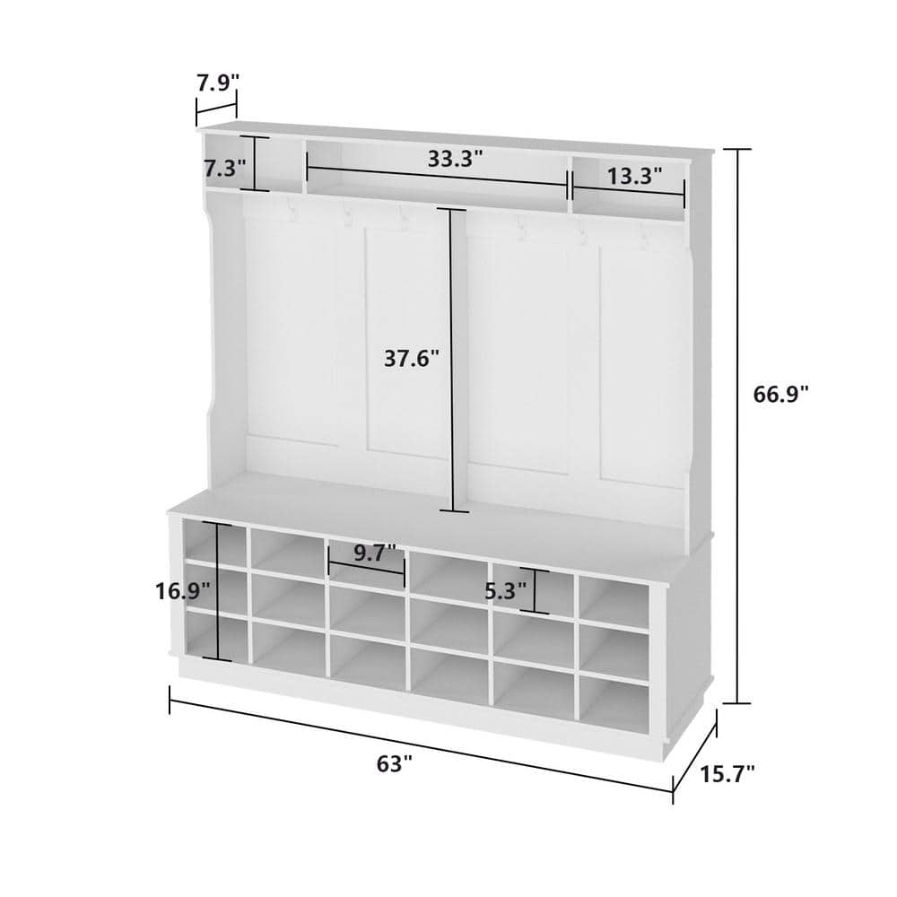 White MDF Wide Hall Tree with Shoe Cubbies and Hooks