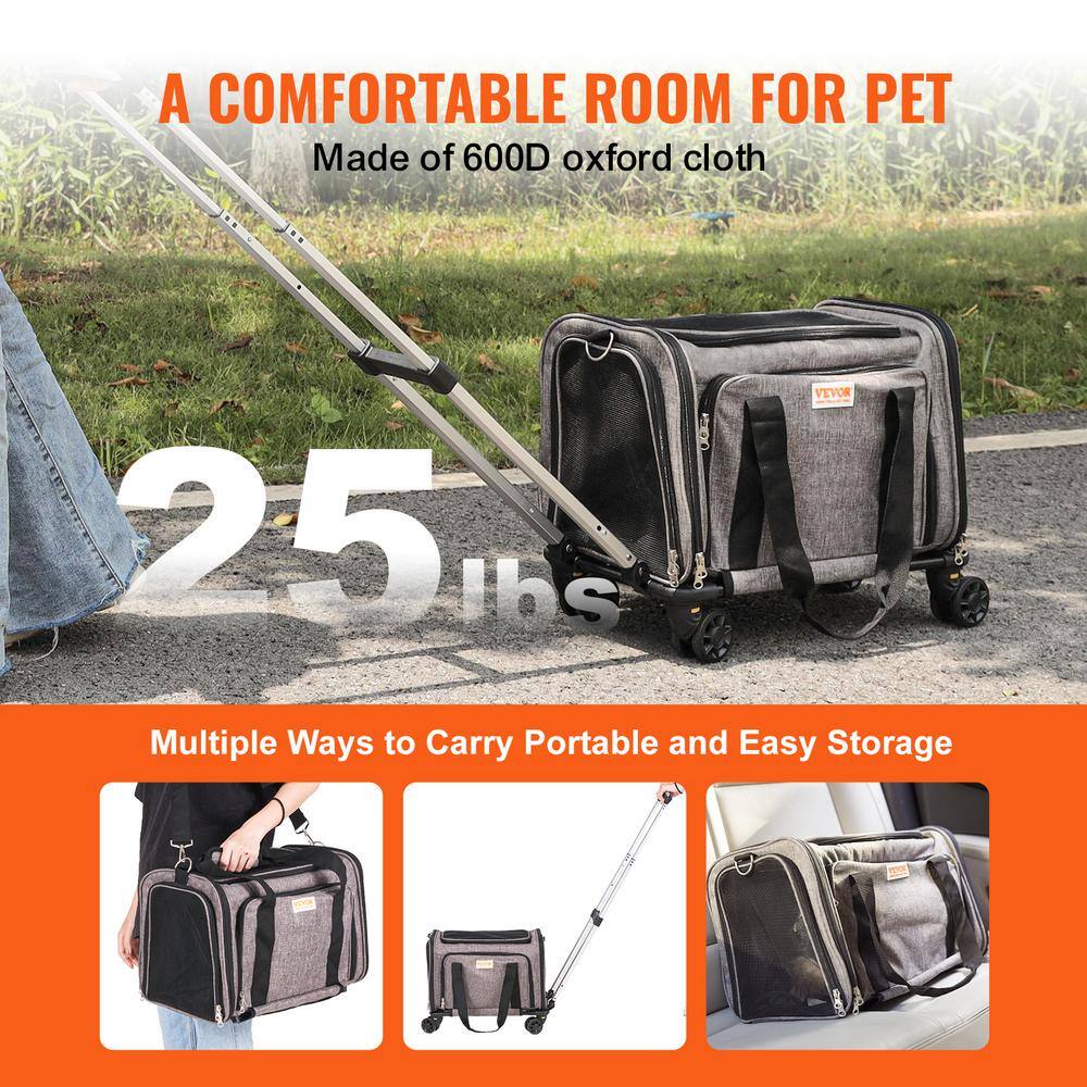 Large Gray Soft-Sided Rolling Pet Carrier with Telescopic Handle