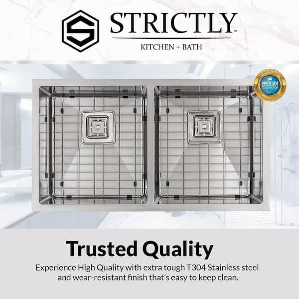 S STRICTLY KITCHEN + BATH R5050S-Stainless Steel 16 Gauge Stainless Steel 32 3/8" Double Bowl Undermount Kitchen Sink with Square Drains