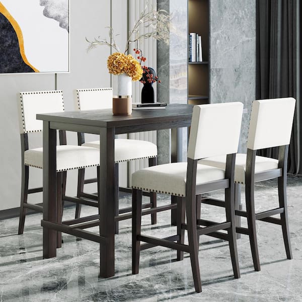 Qualler 6-Piece Wood Top Espresso Dining Table Set with 4 Dining Chairs, Brown