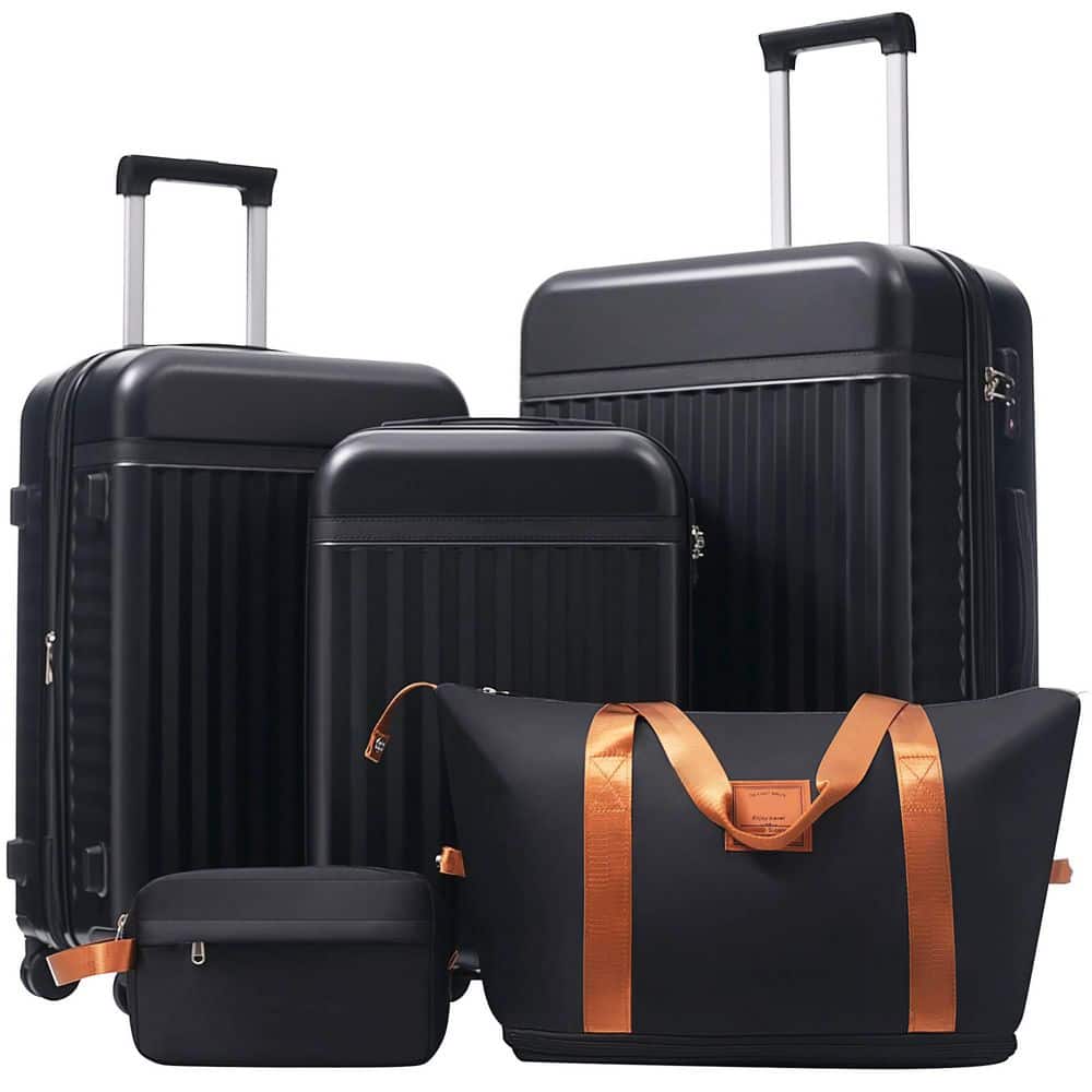 5-Piece Black Expandable Luggage Set with Travel Bags, Spinner Wheels and TSA Lock