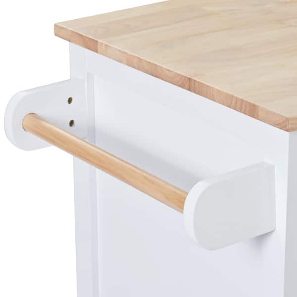 Aoibox White Kitchen Cart with Rubber Wood Desktop Rolling Mobile Kitchen Island with Storage and 5-Draws 53 in. Width