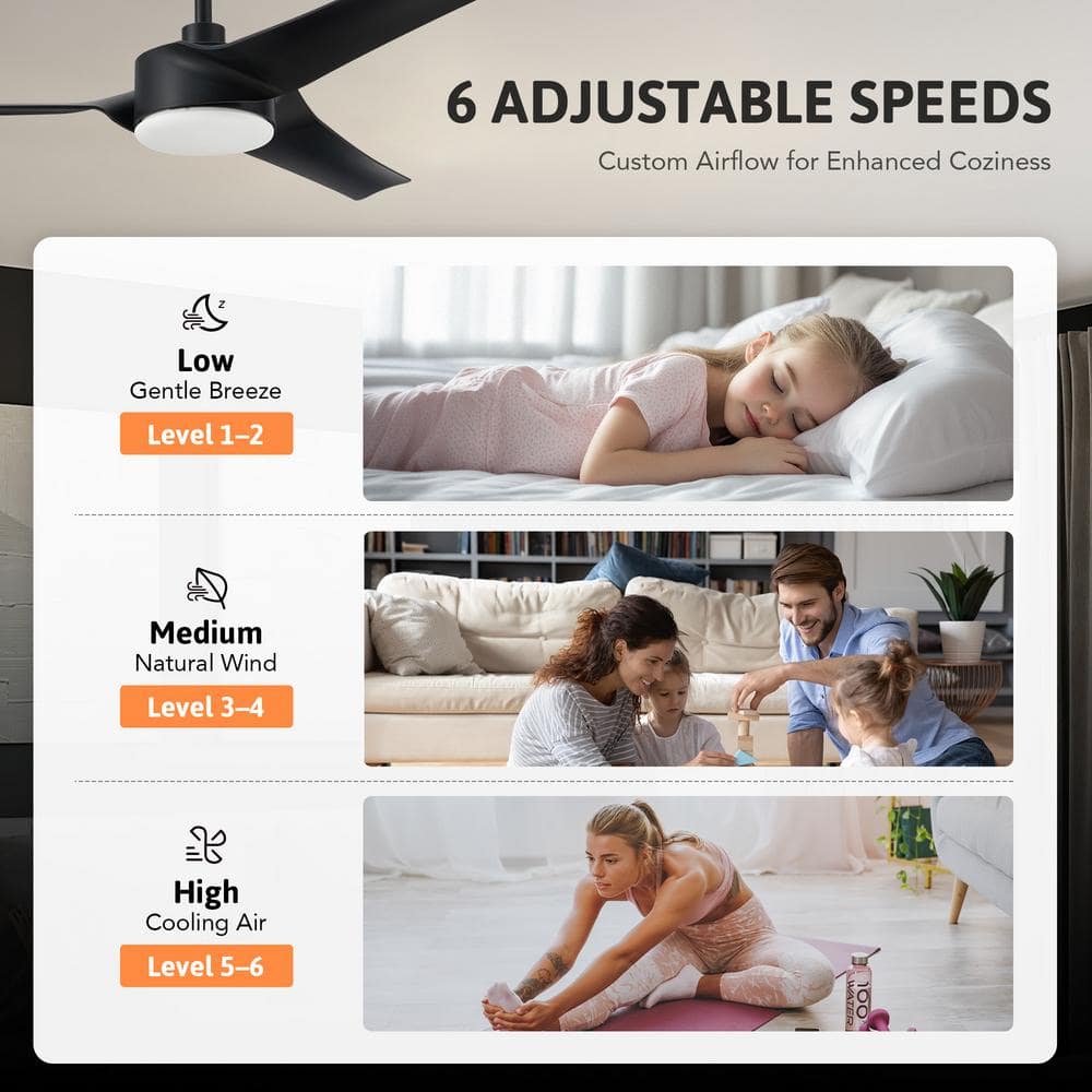 52" Black Matte Smart Ceiling Fan with Dimmable LED Light and Remote