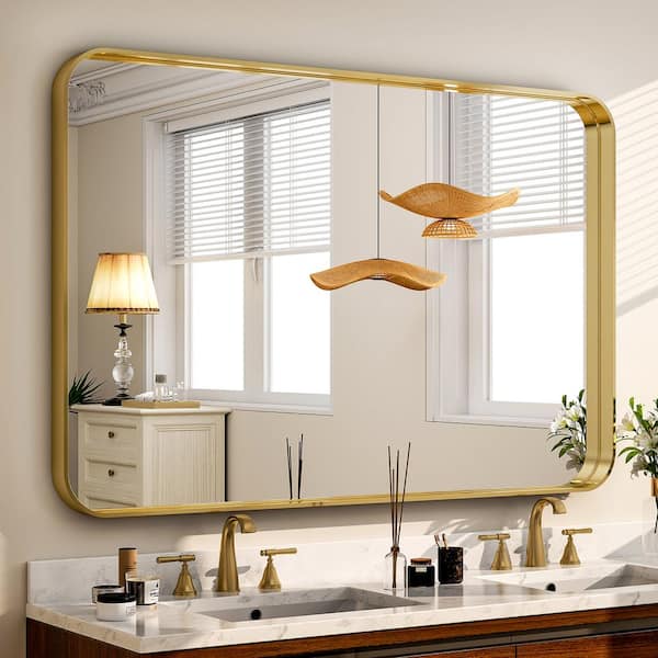 XRAMFY 30 in. W x 48 in. H Rectangular Modern Aluminum Framed Rounded Gold Wall Mirror