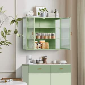 27.56 in. Mint Green Modern Glass 2-Door 2-Shelf Wall Cabinet with Featuring 3-Tier Storage for Bathroom and Kitchen