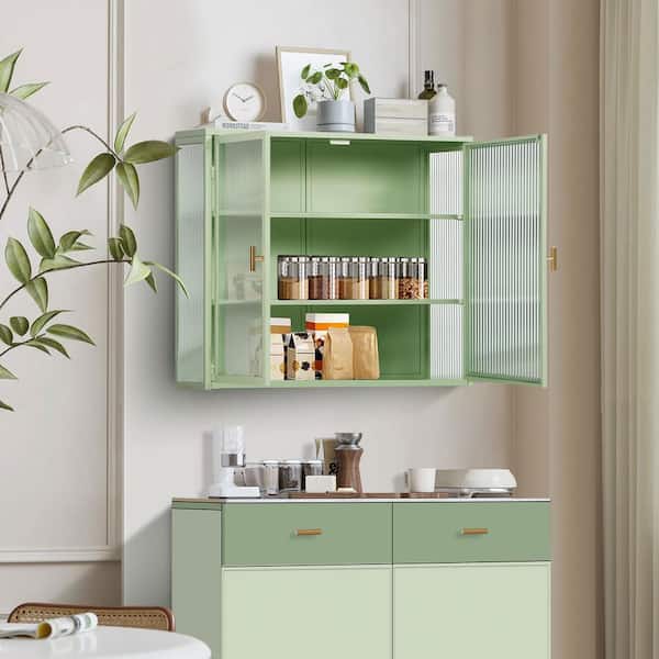 27.56 in. Mint Green Modern Glass 2-Door 2-Shelf Wall Cabinet with Featuring 3-Tier Storage for Bathroom and Kitchen
