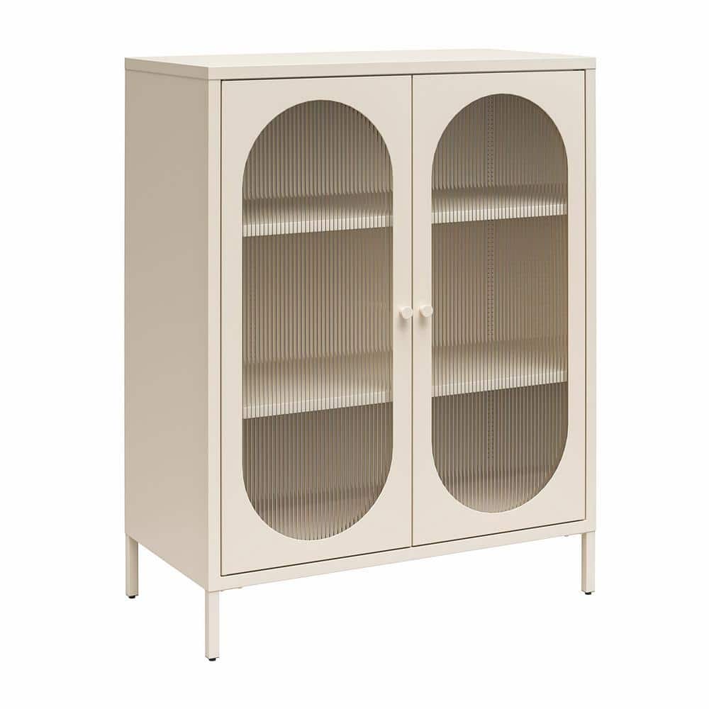 Parchment Metal Accent Cabinet with Fluted Glass Doors