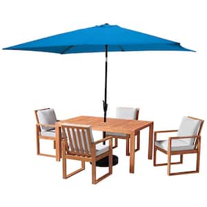 6 Piece Set, Weston Wood Outdoor Dining Table Set with 4 Cushioned Chairs, 10-Foot Rectangular Umbrella Bright Blue