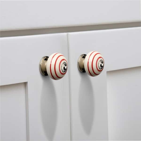 Ringed 1-3/5 in. (41 mm) Red and Cream Cabinet Knob