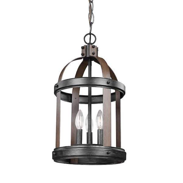 Generation Lighting Lonoke 10.5 in. W. 3-Light Weathered Gray and Distressed Oak Hall-Foyer Pendant