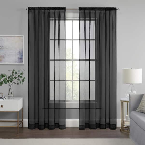Eclipse Livia Black Solid Polyester 59 in. W x 95 in. L Sheer Rod Pocket Curtain