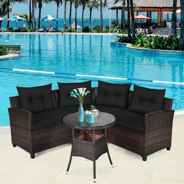 ANGELES HOME 4-Piece Wicker Patio Conversation Set with Black Cushions and Glass Tabletop