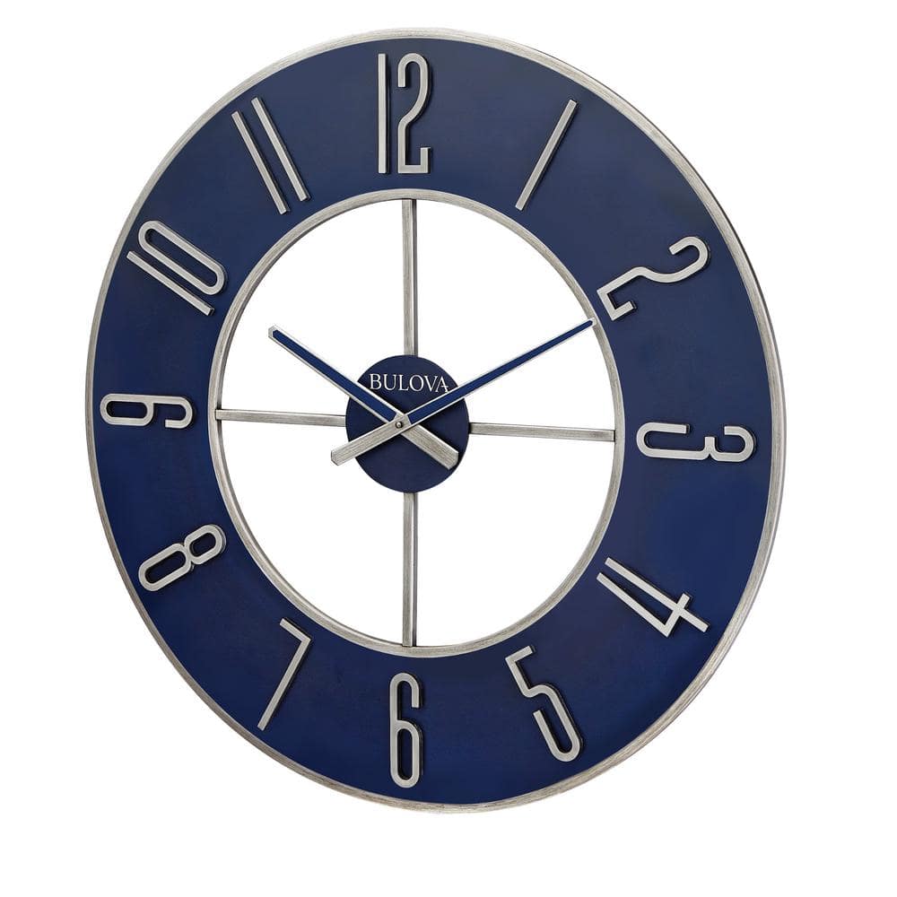 Oversized Silver and Blue Steel Wall Clock, 27"
