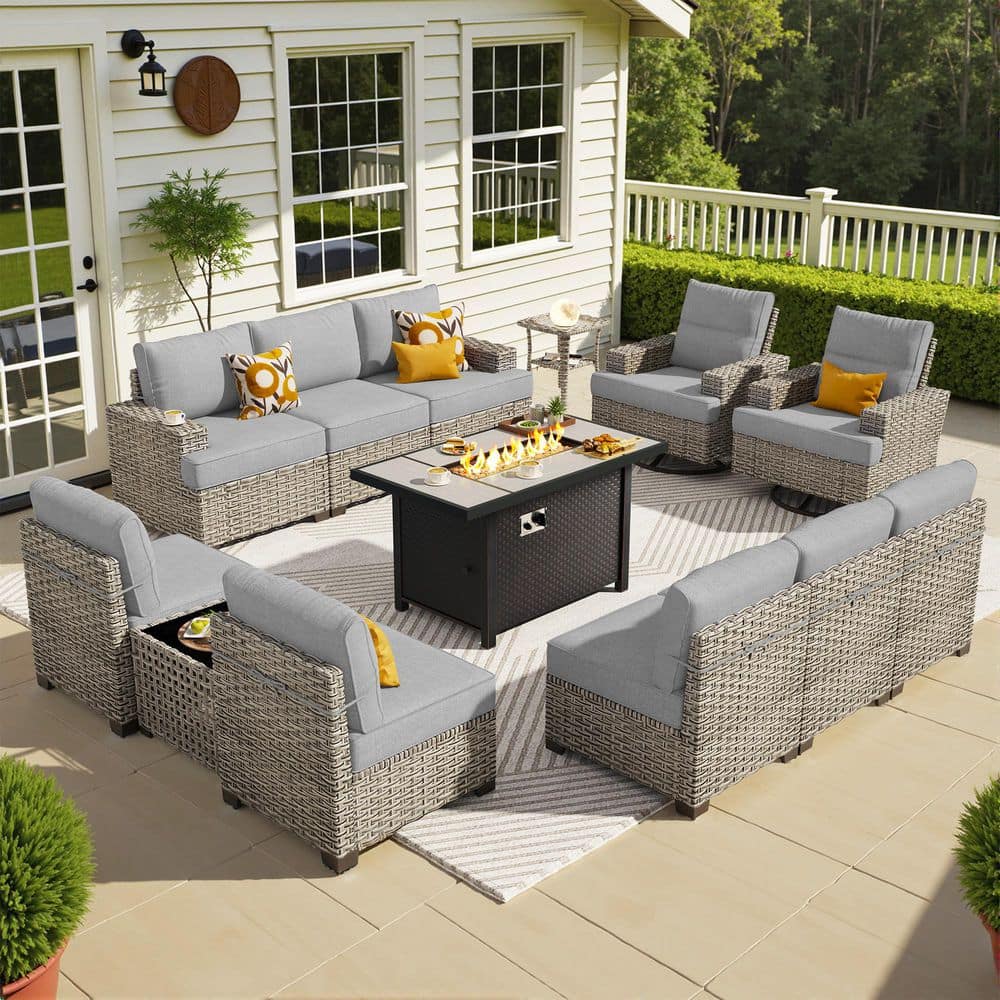 Butterfly 13 Pieces Wicker Outdoor Patio Rectangular Fire Pit Set and Swivel Rocking Chairs with Dark Gray Cushions price history on PriceWatchPro