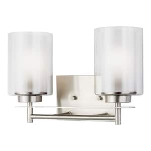 Elmwood Park 13.25 in. 2-Light Brushed Nickel Modern Transitional Bathroom Vanity Light with Satin Etched Glass Shades