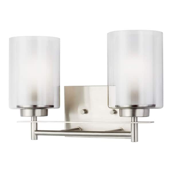 Generation Lighting Elmwood Park 13.25 in. 2-Light Brushed Nickel Modern Transitional Bathroom Vanity Light with Satin Etched Glass Shades