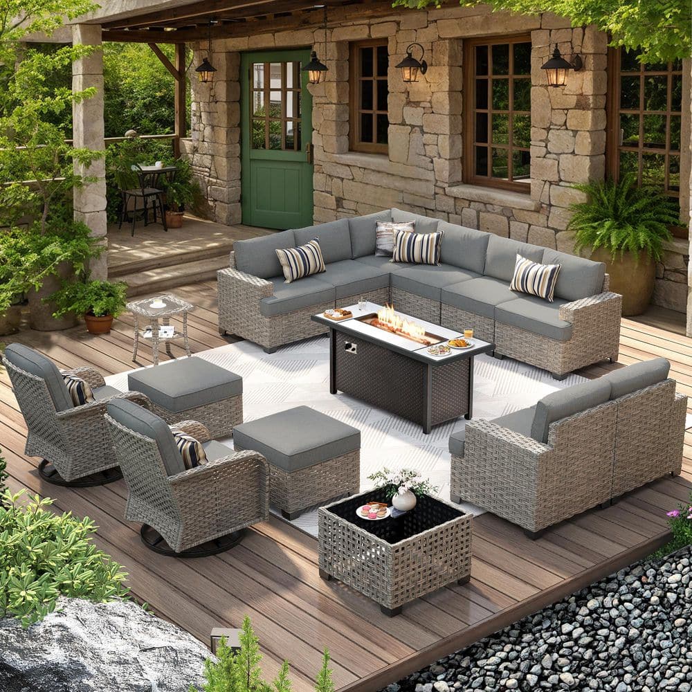 Jubilation 15 Pieces Wicker Outdoor Patio Rectangular Fire Pit Set and Swivel Rocking Chairs with Dark Gray Cushions price history on PriceWatchPro