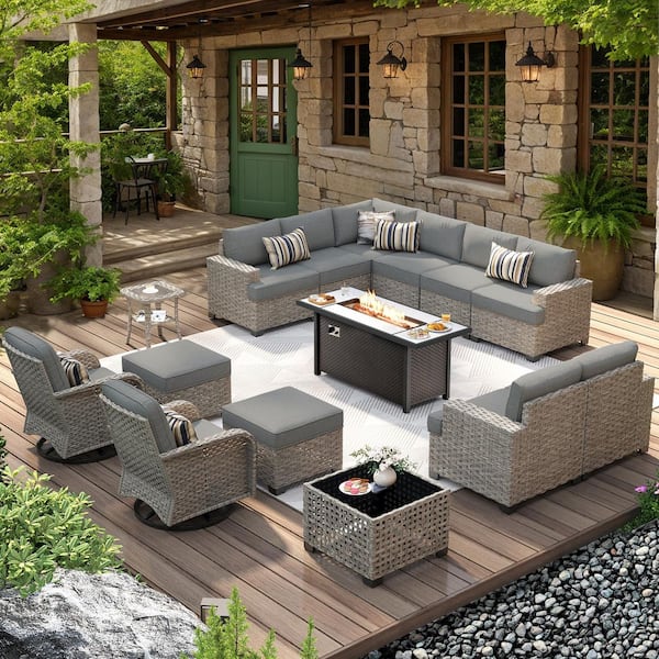 Jubilation 15 Pieces Wicker Outdoor Patio Rectangular Fire Pit Set and Swivel Rocking Chairs with Dark Gray Cushions