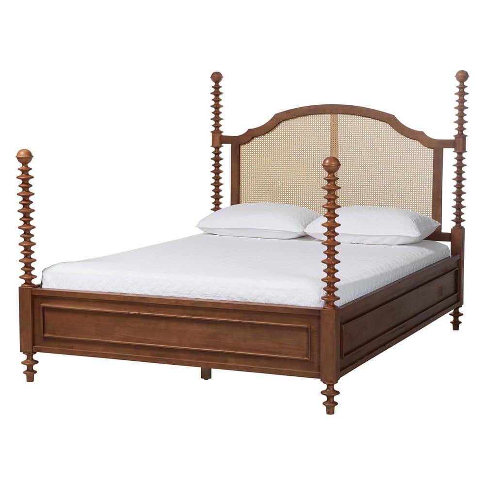 Neviah Walnut Brown Wood Frame Queen Four Poster Bed